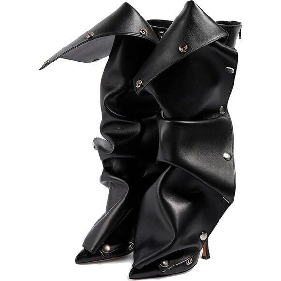 Women Black Suede Detachable Snap-off Panel Fold Over Fall Shark Knee High Boot - Picture 1 of 7